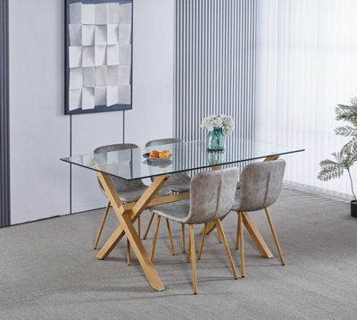 Hallowood Furniture Dining Table Set, Glass Top Table And 4 Taupe Faux Leather Chairs With Metal Legs - image 1