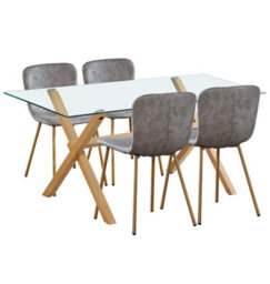 Hallowood Furniture Dining Table Set, Glass Top Table And 4 Taupe Faux Leather Chairs With Metal Legs - thumbnail 9