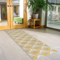 Bravich Hard Wearing Hessian Backed Stair Runner Kitchen Mat - Texas Gold, Grey & White Chevron - 60X600Cm (2'x20')