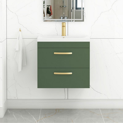 Royal Bathrooms Turin 600mm Wall Hung Vanity Unit Matt Green 2 Drawer Mid-Edge Basin With Brushed Brass Handles - image 1