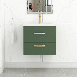 Royal Bathrooms Turin 600mm Wall Hung Vanity Unit Matt Green 2 Drawer Mid-Edge Basin With Brushed Brass Handles - thumbnail 1