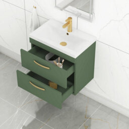 Royal Bathrooms Turin 600mm Wall Hung Vanity Unit Matt Green 2 Drawer Mid-Edge Basin With Brushed Brass Handles - thumbnail 5