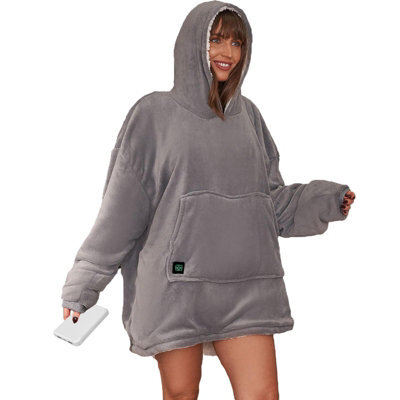 Ohs Heated Hoodie Blanket Wearable Sherpa Oversize - Charcoal W/ Power Bank