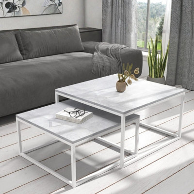 Kama 2 Piece Coffee Table Set Metal Base Legs White With Light Concrete Tops Modern Matching Duo In Large And Small Sizes - image 1