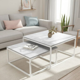 Kama 2 Piece Coffee Table Set Metal Base Legs White With Light Concrete Tops Modern Matching Duo In Large And Small Sizes - thumbnail 2