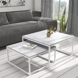 Kama 2 Piece Coffee Table Set Metal Base Legs White With Light Concrete Tops Modern Matching Duo In Large And Small Sizes - thumbnail 1