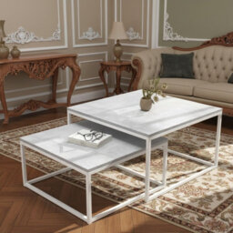 Kama 2 Piece Coffee Table Set Metal Base Legs White With Light Concrete Tops Modern Matching Duo In Large And Small Sizes - thumbnail 3