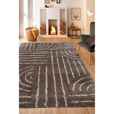 Melrose Voyage Shaggy Taupe Lines Patterned Indoor Medium Area Rug 120/170Cm - image 1