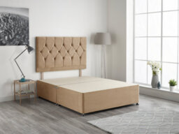"Somnior Beds Ziggy 4Ft Small Double Divan Bed Base With 32"" Headboard - Beige Plush Velvet"
