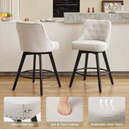 Set Of 2 Linen Fabric Swivel Bar Stools With Button Tufted Back - Beige - thumbnail 4