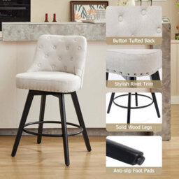 Set Of 2 Linen Fabric Swivel Bar Stools With Button Tufted Back - Beige - thumbnail 5