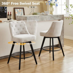 Set Of 2 Linen Fabric Swivel Bar Stools With Button Tufted Back - Beige - thumbnail 6
