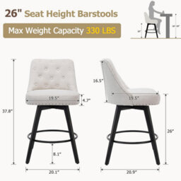 Set Of 2 Linen Fabric Swivel Bar Stools With Button Tufted Back - Beige - thumbnail 3
