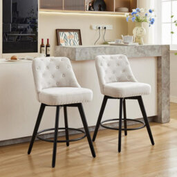Set Of 2 Linen Fabric Swivel Bar Stools With Button Tufted Back - Beige - thumbnail 1