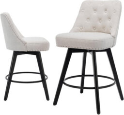 Set Of 2 Linen Fabric Swivel Bar Stools With Button Tufted Back - Beige - thumbnail 2