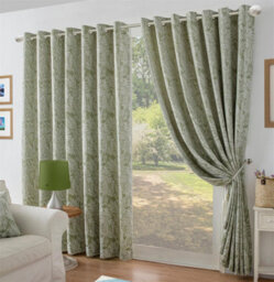 Luxury Living Chenille Jacquard Lined Ring Top Eyelet Curtains Green