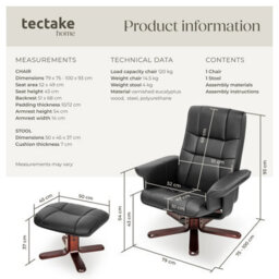 Tectake 1 Armchair - With Stool, Adjustable Backrest, Rotatable  - Black/brown - thumbnail 6