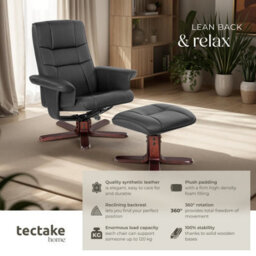 Tectake 1 Armchair - With Stool, Adjustable Backrest, Rotatable  - Black/brown - thumbnail 2