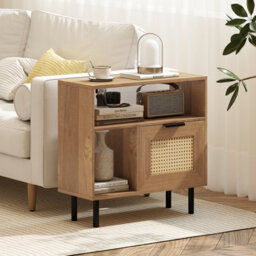 Gainoom Boho Rattan Side End Table Wooden Rustic Accent Bedside Table W/ Open Storage Shelf & Cabinet - thumbnail 3