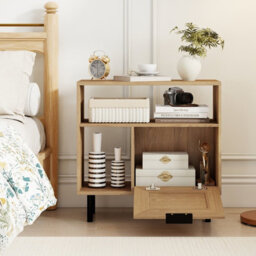 Gainoom Boho Rattan Side End Table Wooden Rustic Accent Bedside Table W/ Open Storage Shelf & Cabinet - thumbnail 5