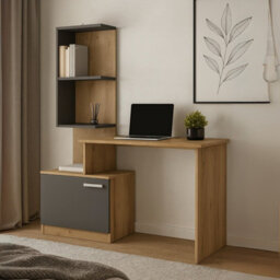Miso Traditional Desk With Integrated Book Shelf Modern Laminated Finish Compact Home Office Workstation Graphite Oak Artisan - thumbnail 2
