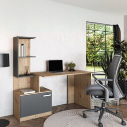 Miso Traditional Desk With Integrated Book Shelf Modern Laminated Finish Compact Home Office Workstation Graphite Oak Artisan