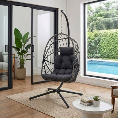 Breeins Brown Black Outdoor Indoor Swing Hanging Egg Chair With Cushion And Headrest - image 1