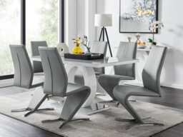 Furniturebox Giovani Rectangular 6 Seat White High Gloss Unique Halo Base Dining Table Grey Glass Top 6 Wgrey Faux Leather Willow Chairs