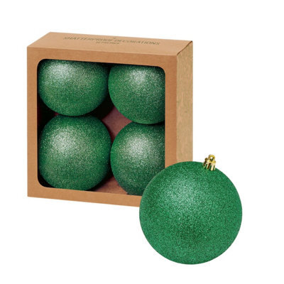 Premier Decorations Limited 4 Large Green Christmas Baubles 10Cm Hanging Glitter Tree Ornament Decoration - image 1