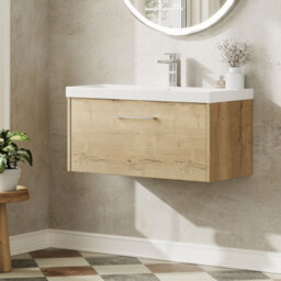 Hudson Reed Juno Wall Hung Single Soft Close Drawer Vanity Unit With Thin-Edge Basin In Autumn Oak Finish, 800mm - thumbnail 4