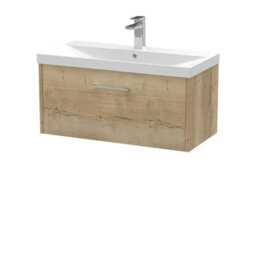 Hudson Reed Juno Wall Hung Single Soft Close Drawer Vanity Unit With Thin-Edge Basin In Autumn Oak Finish, 800mm - thumbnail 1