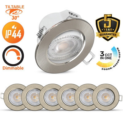Paul Russells Led Downlight Brush Nickel Dimmable Tilt Recessed Spotlight 6W 570 Lumens Ip44 Colour Changeable Cct3 Pack Of 6 - image 1