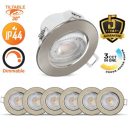 Paul Russells Led Downlight Brush Nickel Dimmable Tilt Recessed Spotlight 6W 570 Lumens Ip44 Colour Changeable Cct3 Pack Of 6 - thumbnail 1