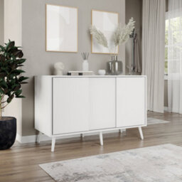 Urbn-Living Urbnliving 3-Door Sliding Cabinet Sideboard White Carcass With White Doors Storage Organiser Home Cupboard White Wooden Legs - thumbnail 3