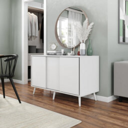 Urbn-Living Urbnliving 3-Door Sliding Cabinet Sideboard White Carcass With White Doors Storage Organiser Home Cupboard White Wooden Legs - thumbnail 2