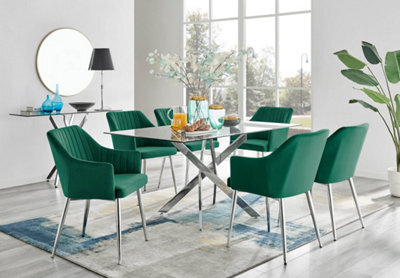 Furniturebox Uk Leonardo Glass And Chrome Metal Dining Table And 6 Green Calla Silver Leg Velvet Chairs - image 1