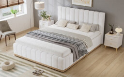 Matteo Upholstered Double Bed Frame - 4Ft 6, Beige Faux Leather With Sturdy Slats - thumbnail 9