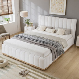 Matteo Upholstered Double Bed Frame - 4Ft 6, Beige Faux Leather With Sturdy Slats