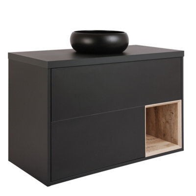 Homestylestore Black Grey 1000mm Wall Hung Bathroom Vanity Unit With Round Countertop Basin And Graphite Basin - image 1