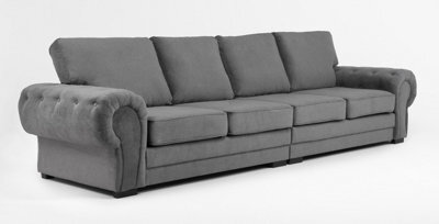 Verona 4 Seater Sofa Grey Velour Fabric Chesterfield Style Full Back Cushions - image 1