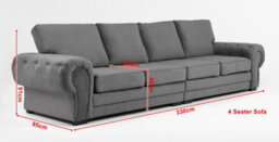 Verona 4 Seater Sofa Grey Velour Fabric Chesterfield Style Full Back Cushions - thumbnail 3