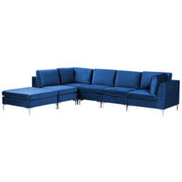 Beliani Modular Corner Sofa 5 Seater Evja With Ottoman Velvet Navy Blue Right Hand - thumbnail 4