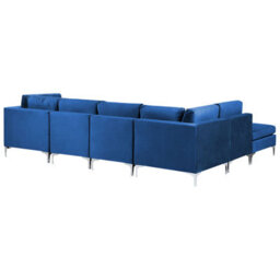 Beliani Modular Corner Sofa 5 Seater Evja With Ottoman Velvet Navy Blue Right Hand - thumbnail 5