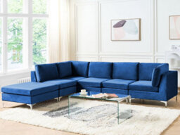 Beliani Modular Corner Sofa 5 Seater Evja With Ottoman Velvet Navy Blue Right Hand - thumbnail 2