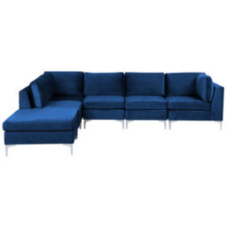 Beliani Modular Corner Sofa 5 Seater Evja With Ottoman Velvet Navy Blue Right Hand