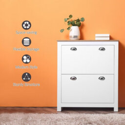 Homcom 2 Drawer Shoe Cabinet Narrow Shoe Cupboard With Flip Doors, White - thumbnail 7