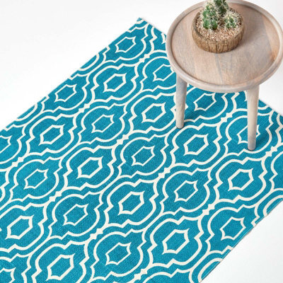 Homescapes Riga Teal And White 100% Cotton Printed Patterned Rug, 160 X 230 Cm - image 1