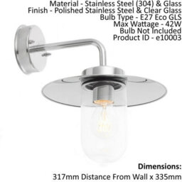 Outdoor Wall Light Ip44 Polished Stainless Steel & Clear Glass 42W E27 Gls - thumbnail 2