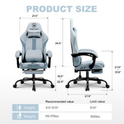 Luckracer Fabric Gaming Chair, Ergonomic Computer Chair With Footrest Lumbar Support Heavy Duty Svivel Office Desk Chairs, Grey - thumbnail 8