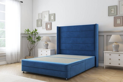 "Sloomy Sterling Navy Plush Divan Bed 2 Drawers Foot-End - 54"" Wingback Headboard & 12"" Footboard 5' King" - image 1